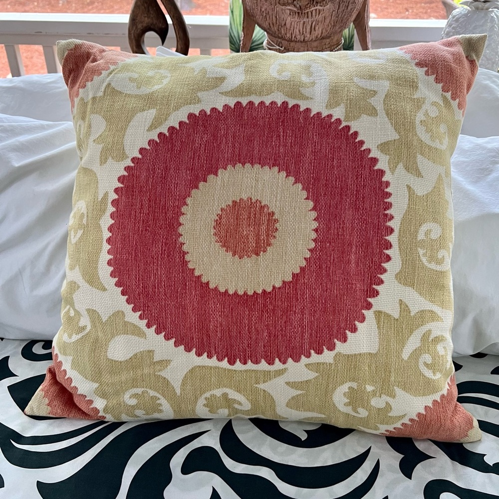 Gorgeous large printed pink & green pillow.